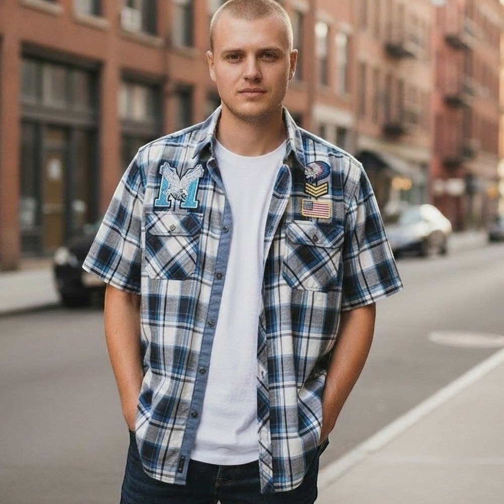 Brooklyn State Mens Large Blue Plaid Short Sleeve Patch Button Up Shirt Epaulets